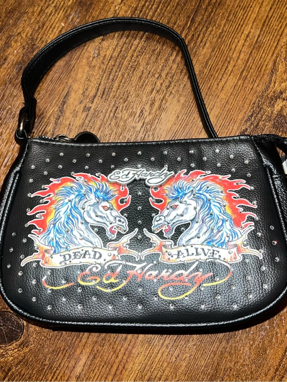Ed Hardy Black Studded Y2K Rhinestone Shoulder Bag Tattoo Purse New with Tags